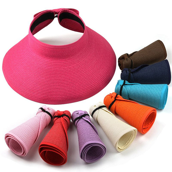 Wholesale- 2016 Fashion Style Women Lady Foldable Roll Up Sun Beach Wide Brim Straw Visor Hat Cap