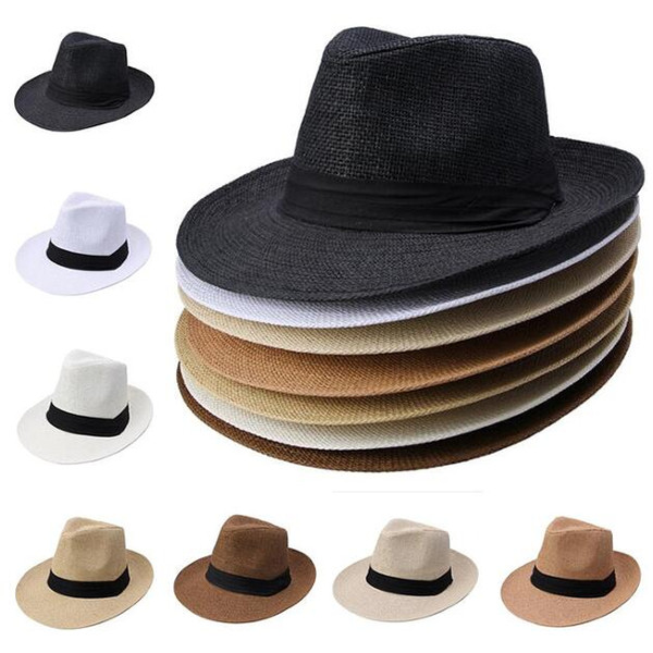 Men Women Straw Wide Brim Hats Jazz Caps Belt Decorative Summer Beach Hats Sun Fedora Caps J069
