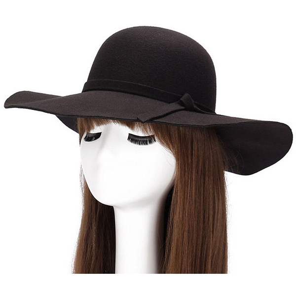 Wholesale- 2017 New Stylish Vintage Women\'s Lady with Wide Brim Wool Bowler Fedora Hat Floppy Cloche Sun Beach Bowknot Cap