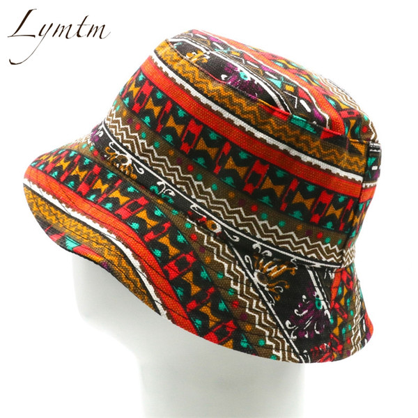 [Lymtm] Women Ethnic Style Print Bucket Hats 2018 Summer Foldable Beach Wide brim Casual Flat Top Sun Hat