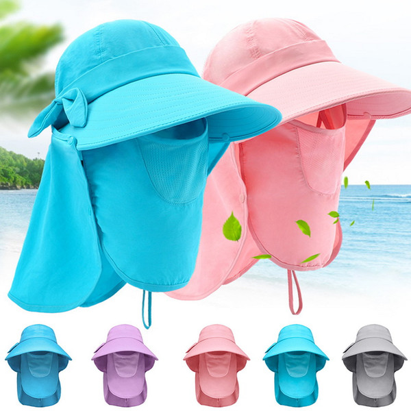Oeak Women Beach Sunhat Foldable Adjustable Sunproof Wide Brim Visor Hat With Face Neck Flap Cover