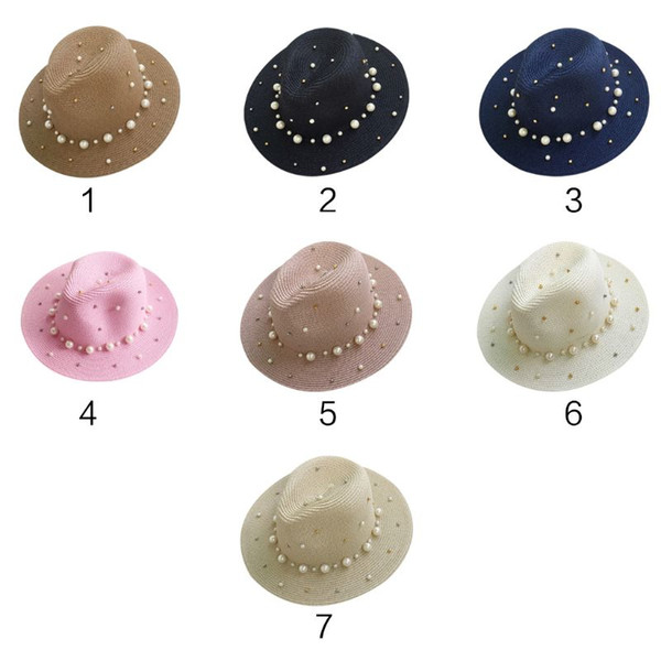 Womens Korean Style Summer Straw Sun Visor Beach Hat Glitter Beaded Faux Pearl Embellishment Bucket Cap UV Protection Wide Brim