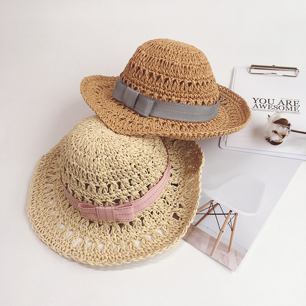 2019 Summer Children Bow Simple Handmade Hat Crochet Hollow Large Brimm Straw Hat Boys Girls Beach Hats Sun Hat Wholesale