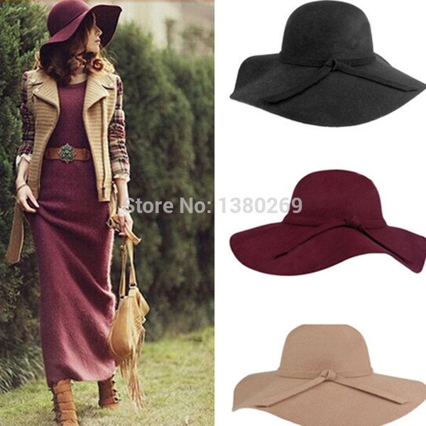 Wholesale-Fashion Women Lady Wide Brim 100% Wool Felt Bowler Fedora Hats Floppy Cloche Free Shipping tea