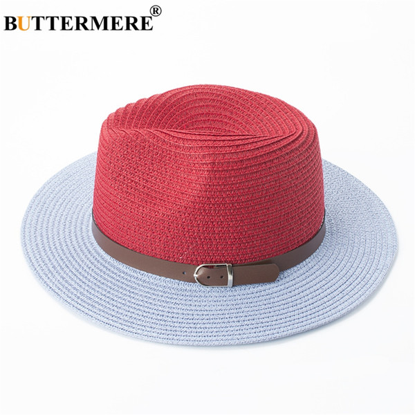BUTTERMERE Panama Hat Women Red Fashion Designer Summer Straw Hats Fedora Female Contrast Color Spring Beach Sun Hat With Belt