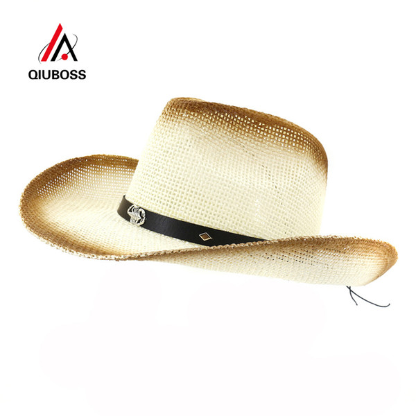 QIUBOSS Women Brown Spray Paint Cowboy Straw Hat Belt Metal Scorpion Decor Ladies Wide Brim Sun Visor Cap Casual Beach Sunhat