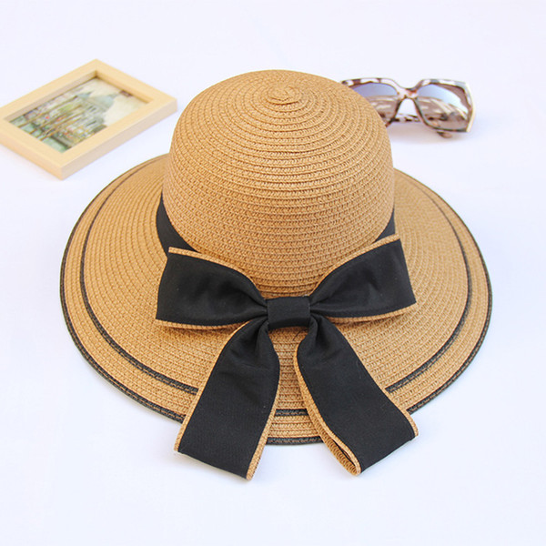 Khaki Straw Hats For Lady Fashion Summer Beach Floppy Straw Hats With Bow Adjustable Wide Brim Hat Women's Foldable Hats
