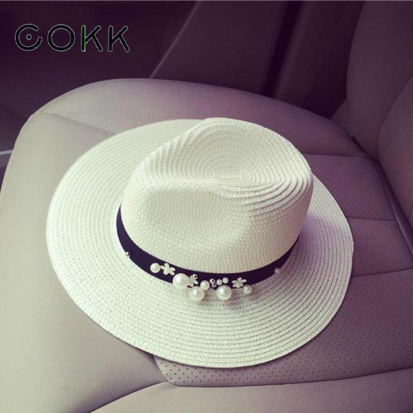 COKK New Spring Summer Hats For Women Flower Beads Wide Brim Jazz Panama Hats Chapeu Feminino Sun Visor Beach Hat Cappello