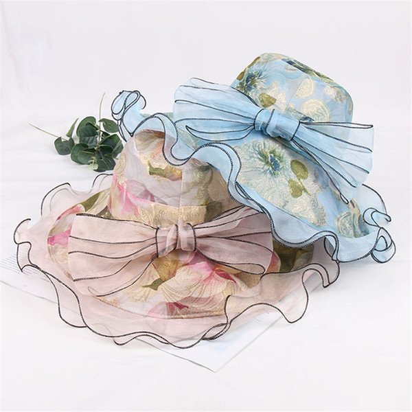 Women's Summer Beach Sun Hat Chiffon Foldable Flower Windproof t womens summer caps wide brim high fashion hats Floral