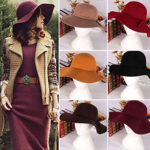 Vintage Women Brim Wool Felt Bowler Fedora Hats Floppy Cloche C00002 CAD