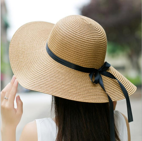 woman Brim Sun Hat Floppy Foldable Bowknot Straw Hat Summer Beach Hat 10pcs many colors CNY135