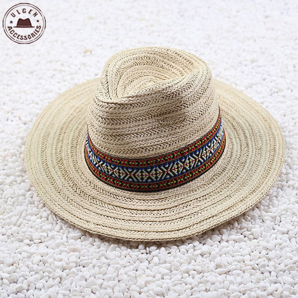 Vintage Summer straw hat mens fedora hat beige khaki cowboy hat large brim straw panama hats for women with personality band