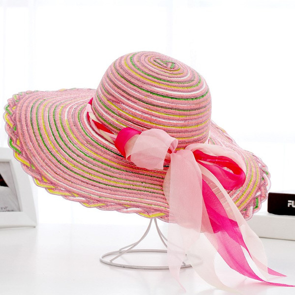Fashion Designer Ladies Elegant Big Straw Beach Hats With A Bow Women Spring Summer Foldable Sun Cap Wide Brim Visors Lady Church Bucket