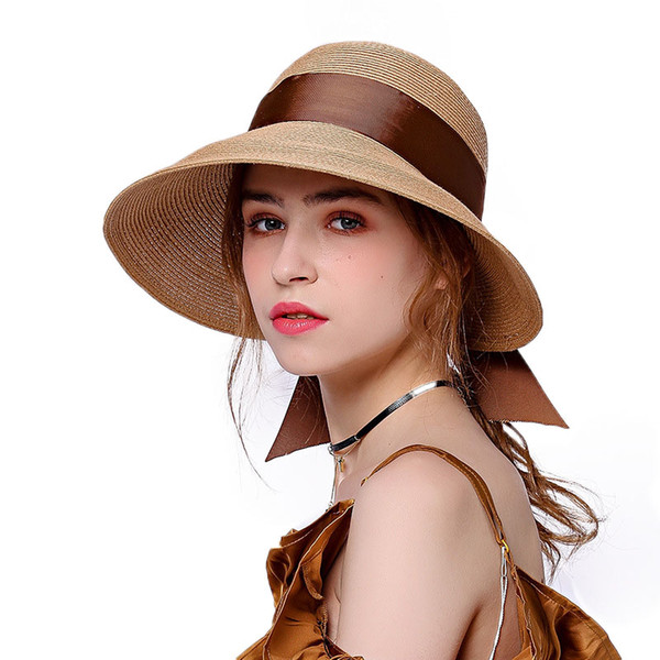 Straw Hat Ladies Summer Bucket Hat Sun Shade Sun Beach Panama Hats Bifurcated Bow Sunscreen M41