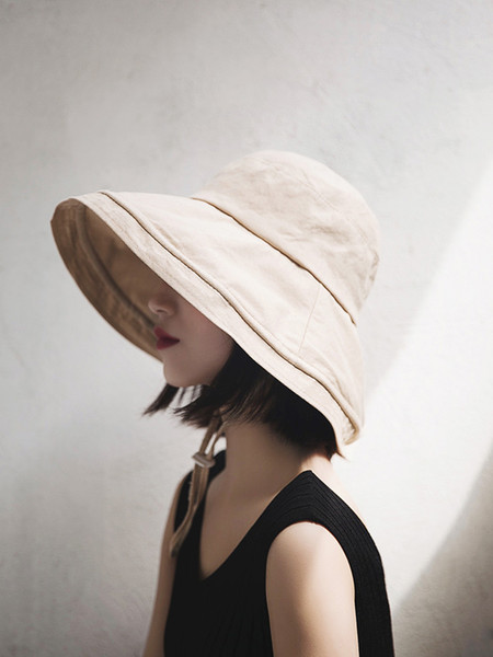 Cover face summer big fisherman hat ladies chic all match sun protection basin cap solid for women with Wind rope