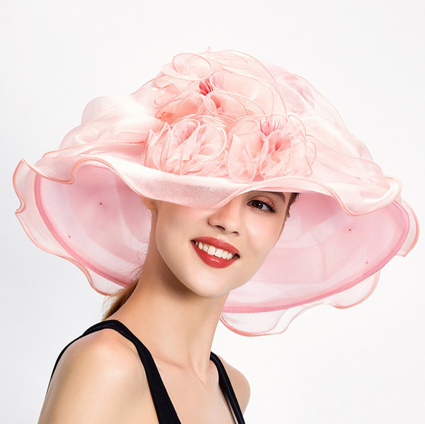 Romantic Ladies Special Occasion Medium Draped Brim Garden Party Hat with Handmade and Feather Flowers S10-4052