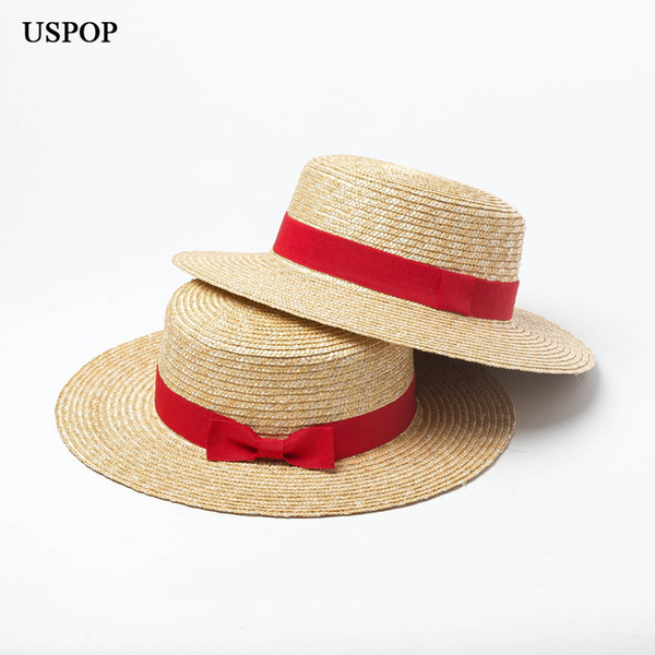 USPOP 2019 new women natural straw hat wheat straw sun hat women summer flat top red bow-knot beach