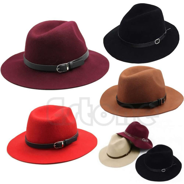 Fashion Design Women Warm Winter Wool Belt Fedora Cap Wide Brim Cowboy Hat