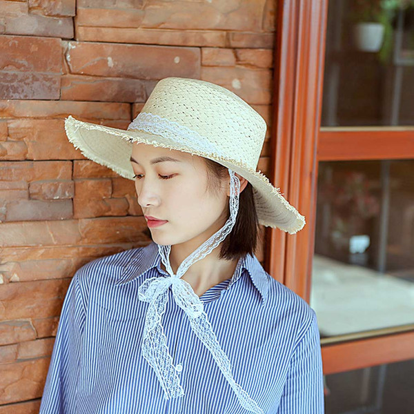 Women Summer Straw Hat Wide Brim Lace Ribbon Decor Simple Casual Beach Holiday Sunshade Hats -MX8