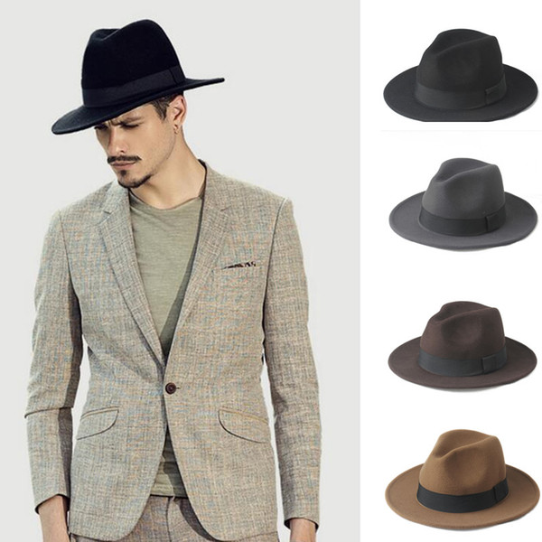 Fashion 100% Wool Wide Brim Winter Autumn Men Felt Trilby Fedora Hat For Gentleman Top Cloche Panama Sombrero Cap