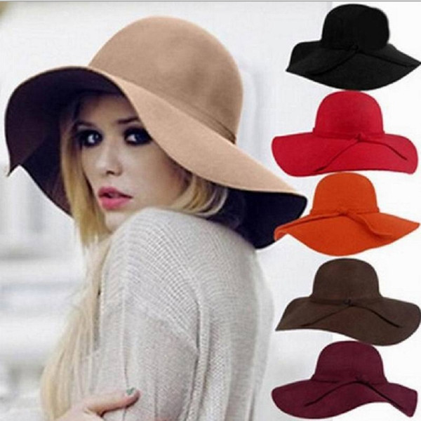 Autumn winter England woolen hat Womens woolen cloth hat casual wide brim hats fashion Felt Bowler big brim hats for women