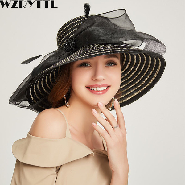 2019 Women Floppy Summer Hat Elegant Fancy Feather Bow Wide Brim Sun Hat Wedding Ladies Occasion Hats