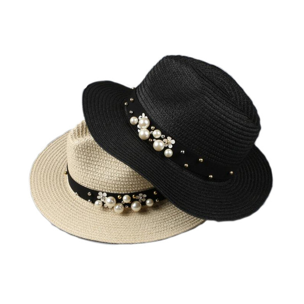 50pcs/lot Flat top straw hat Summer Spring women's trip caps leisure breathable pearl beach sun hats