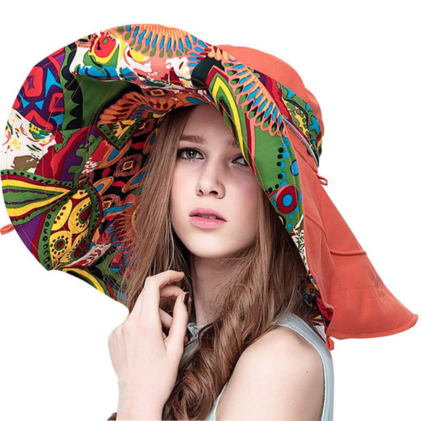Sun Hats Hats For Women Summer Large Beach Hat Flower Printed Wide Brim Collapsible Ladies Summer Sunhat