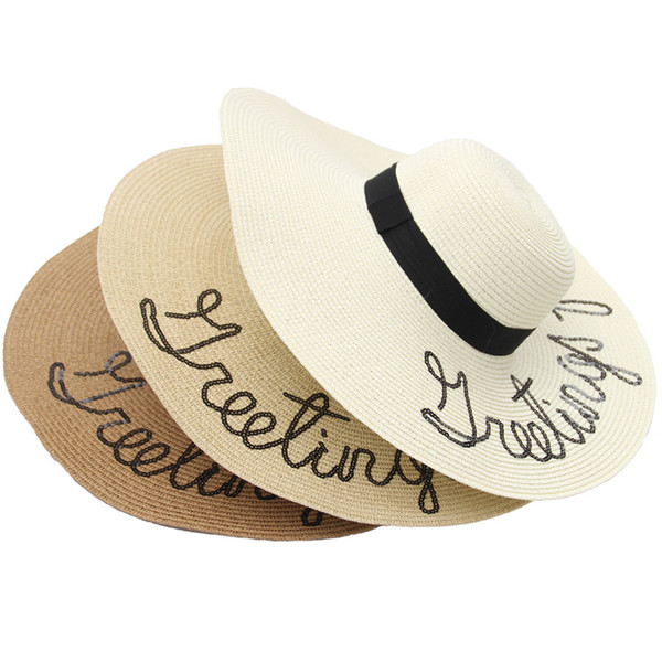 Fashion wide Brim summer beach sun hats for women Letter Embroidery straw Hats caps ladies girl sunscreen big foldable hats holiday 2018