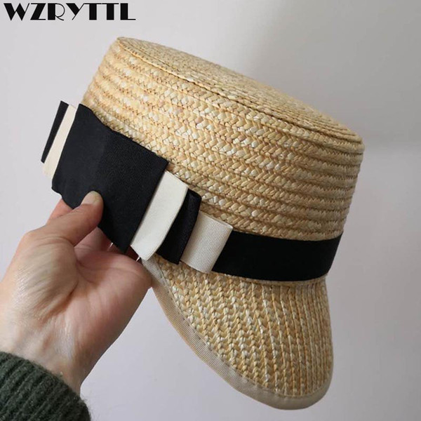 Natural Women Woven Wheat Straw Sun Cap Sewn Braid Nice Ribbon Bow Visor Hat Cap Ladies Flat Top Summer Beach Hat