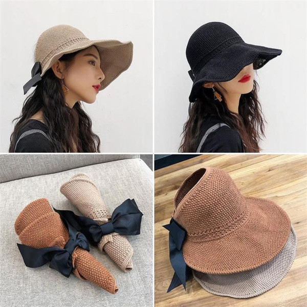 Hat Fashion Women Summer Sun Hat With Big Bow Tie Folding Wide Brim Hats Easy to Carry Cover Face Travel Visor Female Sun Cap