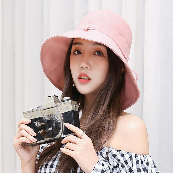 Hat Ladies Summer Hat Day Pink Cotton Linen Fisherman Cap Basin Cap Folding Outdoor Sunscreen Large Sunshade Women