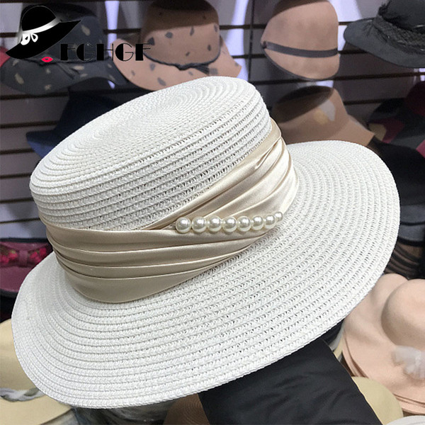FGHGF Elegant Panama Style Women Wide Brim Straw Hat Silk Ribbon Pearls Side Ladies Fedoras Hat Summer Boater Cap