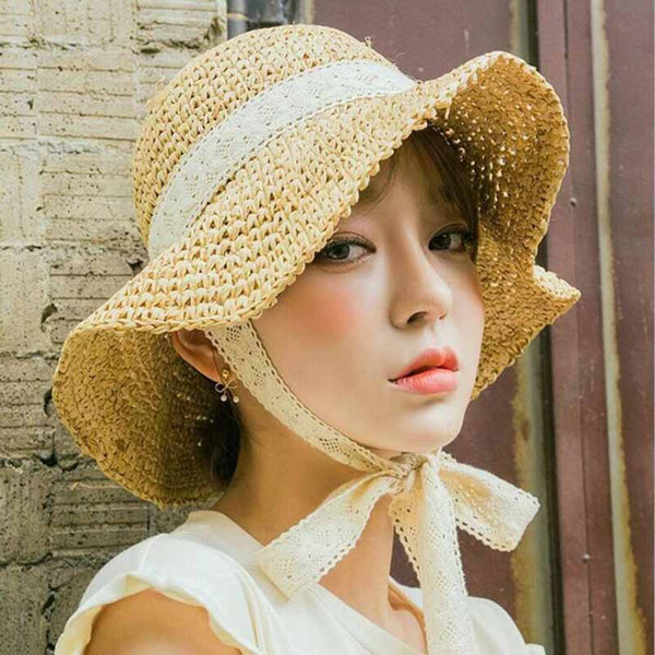Summer Boater Hats For Women Straw Sun Hat Lady Girls Lace Ribbon Bow Panma Beach Hat Floppy Female Travel Folding Chapeu