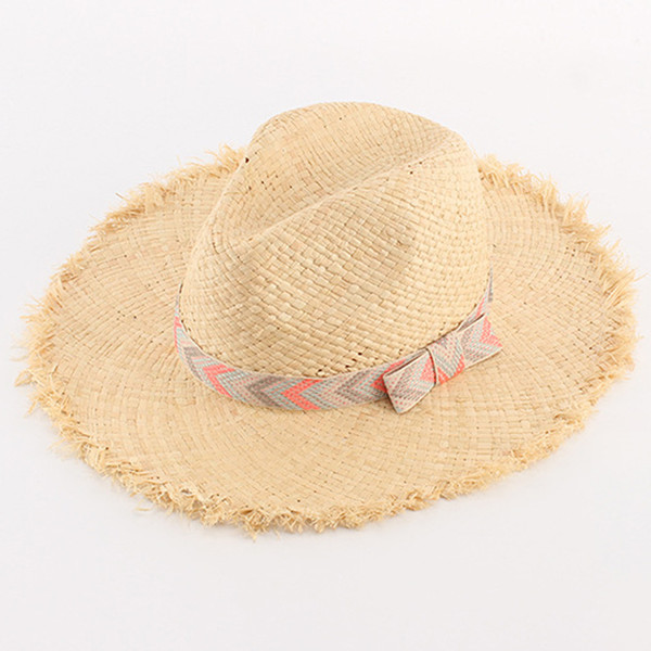 2017 New Big Raffia Straw Hat Striped Bowknot Wide Fringe Brim Beach Hat Fashion Ladies Sun Caps Summer Hats For Women