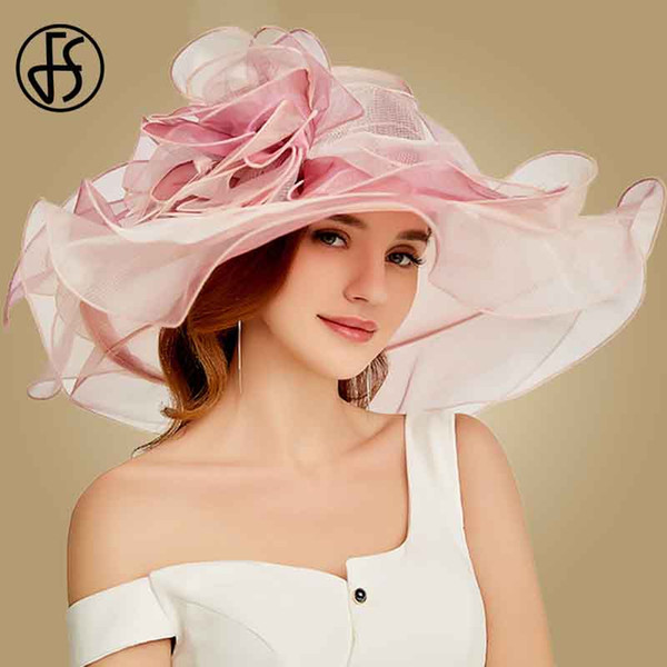 wholesale 2019 New Women Fashion Summer Organza Sun Hats For Women Flowers Elegant Hat Large Wide Brim Ladies Church Vintage Fedoras