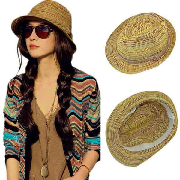 1 pcs Popular Lady Women Beauty Colorful Striped Straw Beach Summer Sun Panama Hat Pretty Foldable cappelli pescatore