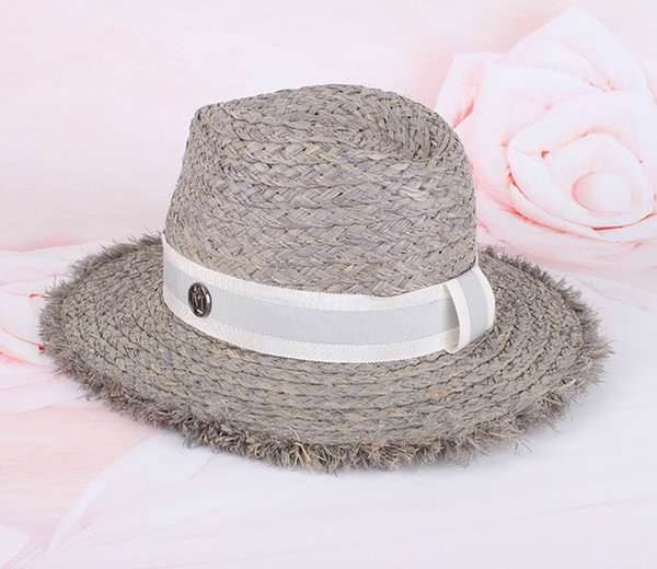 2018 new fashion unisex man and woman raffia straw hat wide brim hat m label ruff edge grey color free shipping