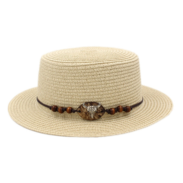Fashion Ladies Summer Straw Boater Hat Sailor Women Porkpie Hat Bowler Beach Sun Top Cap Western Style Ox Head Hatband