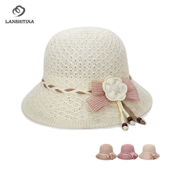 Good Quality Summer Women Knitted Bucket Hats Hollow Breathable Mother's Sunhat Female Sunshade Hat for Quinquagenarian GH-713