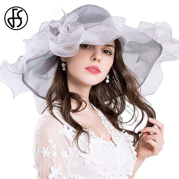 FS Vintage Kentucky Derby Hats For Women Summer Fashion Big Flower Organza Sun Hat Wide Brim Beach Casual Beach Chapeu Feminino D19011103