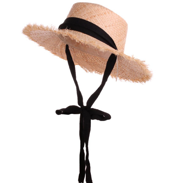 Handmade Weave 100%Raffia Sun Hats For Women Black Ribbon Lace Up Large Brim Straw Hat Outdoor Beach Summer Caps Chapeu Feminino