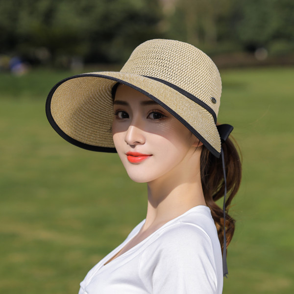 New Arrival Women Ladies Summer Large Wide Brim Sun Hat Foldable Roll Up Bowknot Decor Beach Visor Cap Outdoor Travel Cap