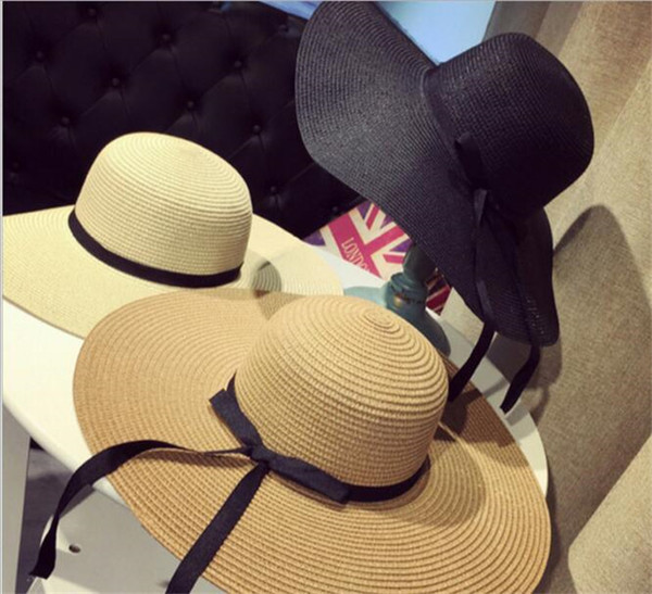 20pcs Women Large Floppy Foldable Straw Hat Boho Wide Brim Beach Sun Cap 3 Colors with Bow Summer Holiday R024