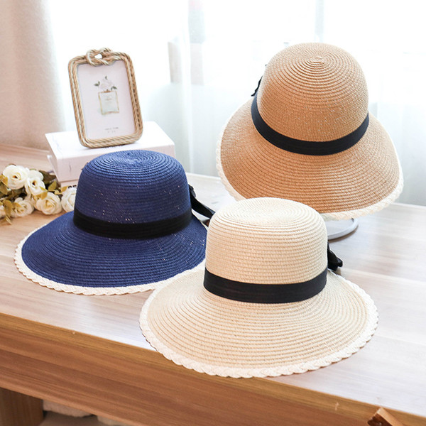 Korean version of the split straw hat summer seaside holiday fashion wild bow basin cap folding sunshade sun hat women hat cap