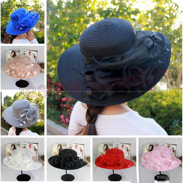 New womens Kentucky Derby Wedding Church Party Floral Hat elegant wide brim sun summer hats Organza Hats for women 7 colors top quality