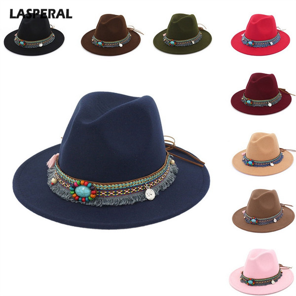 LASPERAL Women's Bohemia Jazz Caps Hats With Wide Brim Fashion Vintage Women's Beach Sun Hat Female Fedoras Lady Sun Hat