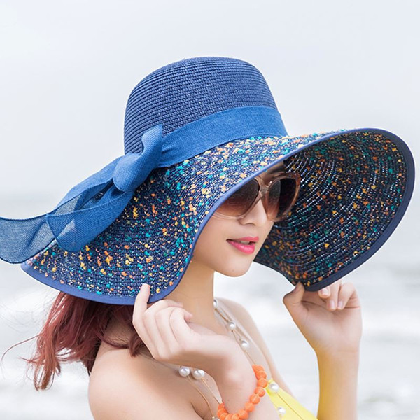 Designer Sunscreen Beach Vacation Sun Hat Female Fashion Super Hat Bud Ribbon Bow Adjustable Folding Hat