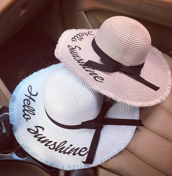Personalized Letter Embroidery Hello Sunshine Fringed beach hat summer straw hat for women Honeymoon Nautical floppy hat