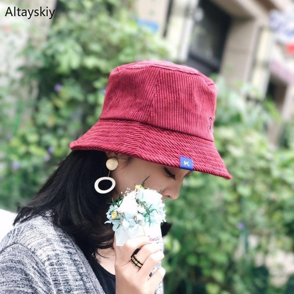 Bucket Hats Women Spring Solid Corduroy Letter Embroidered Simple Fisherman Hat Korean Style Harajuku All-match Lovely Womens